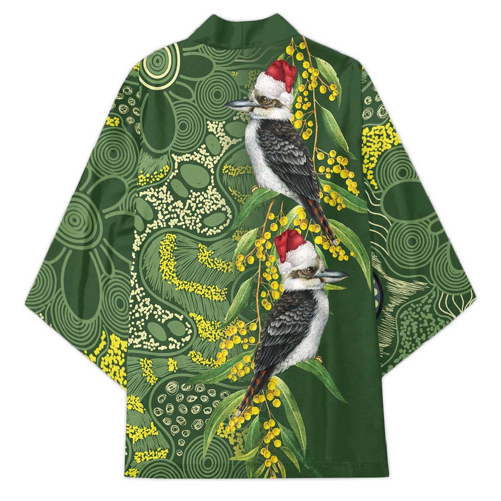 Aussie Kokaburra Golden Wattle Christmas Kimono Aboriginal Dots Painting Green Motif - Aussie Hoodie