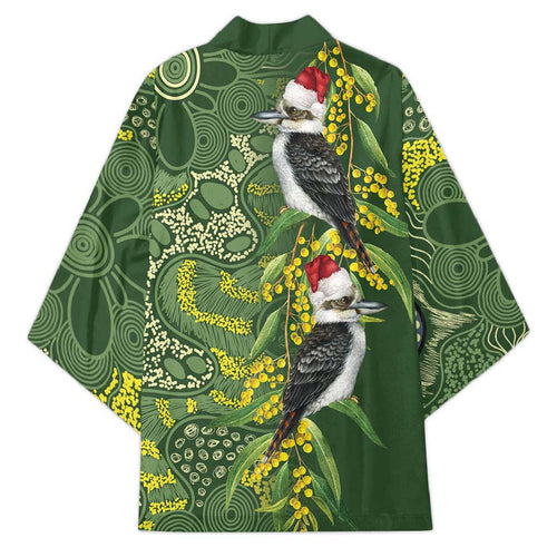 Aussie Kokaburra Golden Wattle Christmas Kimono Aboriginal Dots Painting Green Motif - Aussie Hoodie