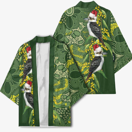 Aussie Kokaburra Golden Wattle Christmas Kimono Aboriginal Dots Painting Green Motif - Aussie Hoodie
