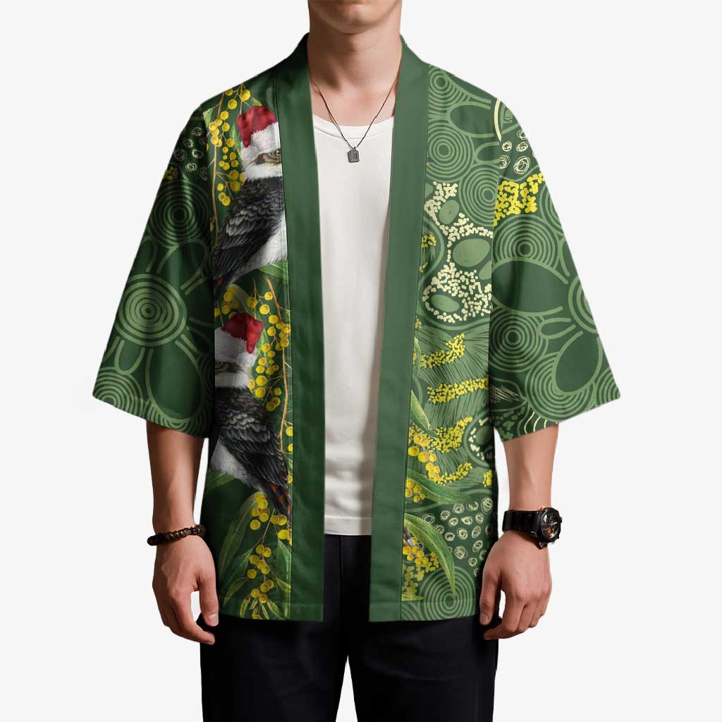 Aussie Kokaburra Golden Wattle Christmas Kimono Aboriginal Dots Painting Green Motif - Aussie Hoodie