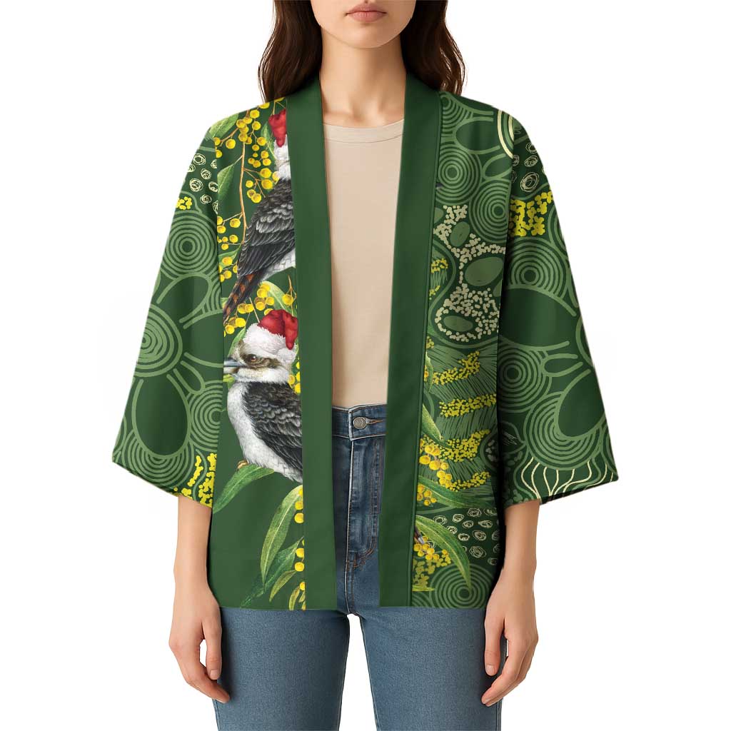 Aussie Kokaburra Golden Wattle Christmas Kimono Aboriginal Dots Painting Green Motif - Aussie Hoodie