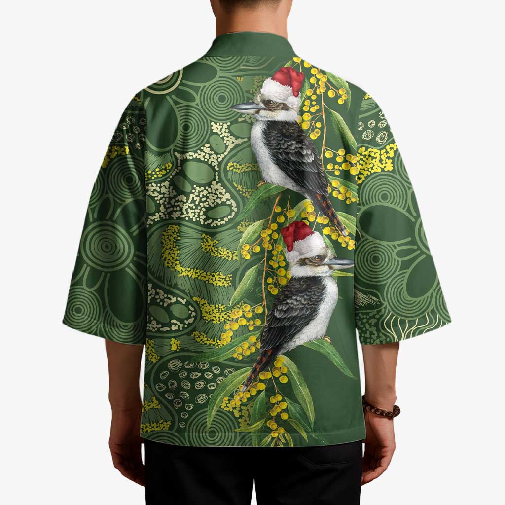 Aussie Kokaburra Golden Wattle Christmas Kimono Aboriginal Dots Painting Green Motif - Aussie Hoodie