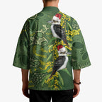 Aussie Kokaburra Golden Wattle Christmas Kimono Aboriginal Dots Painting Green Motif - Aussie Hoodie