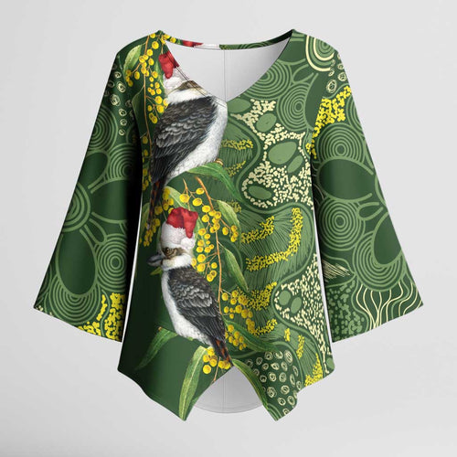 Aussie Kokaburra Golden Wattle Christmas Kimono Sleeve Blouse Aboriginal Dots Painting Green Motif - Aussie Hoodie