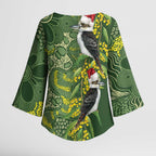 Aussie Kokaburra Golden Wattle Christmas Kimono Sleeve Blouse Aboriginal Dots Painting Green Motif - Aussie Hoodie