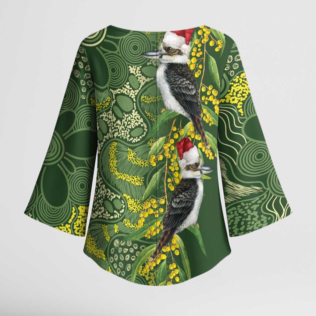 Aussie Kokaburra Golden Wattle Christmas Kimono Sleeve Blouse Aboriginal Dots Painting Green Motif - Aussie Hoodie