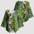 Aussie Kokaburra Golden Wattle Christmas Kimono Sleeve Blouse Aboriginal Dots Painting Green Motif - Aussie Hoodie