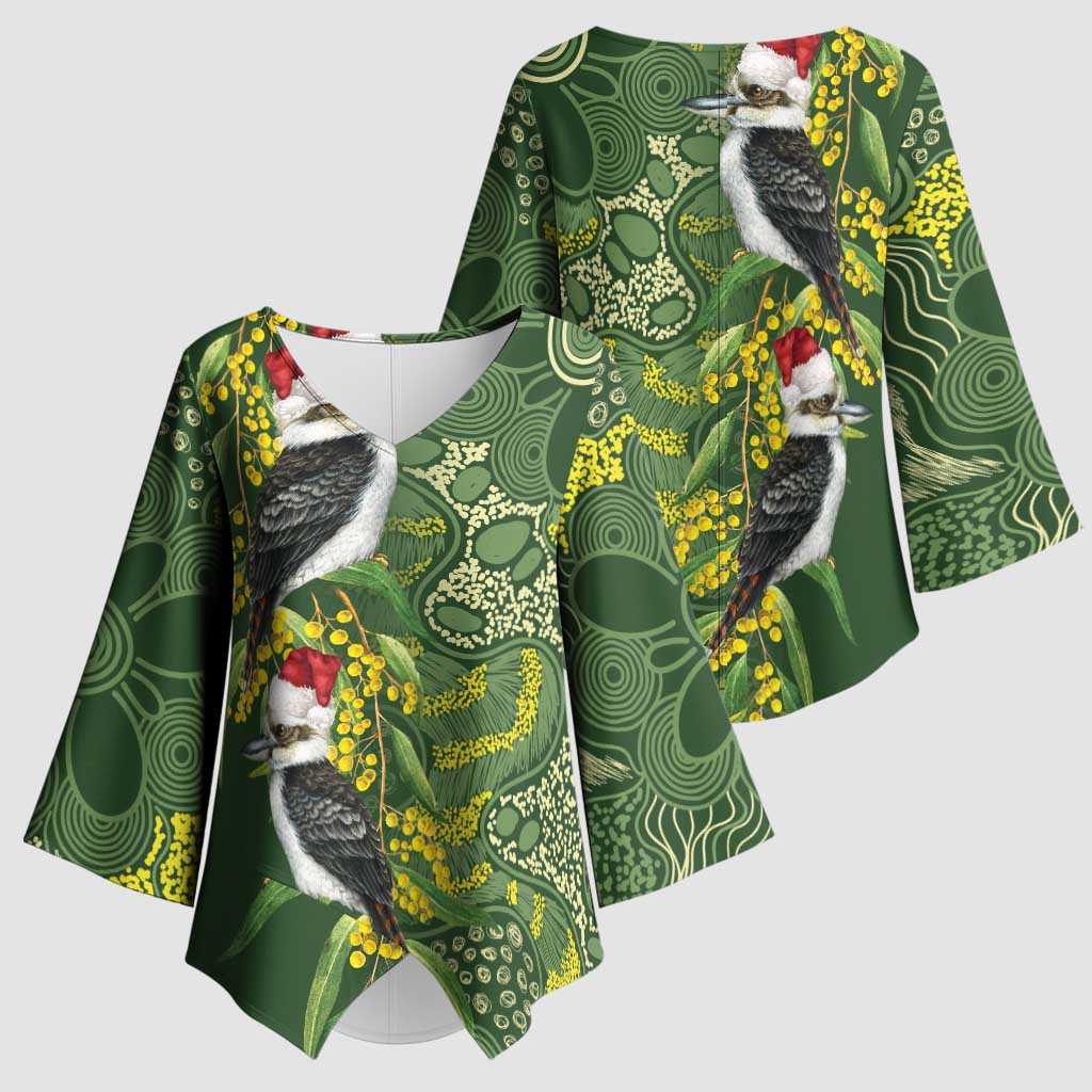 Aussie Kokaburra Golden Wattle Christmas Kimono Sleeve Blouse Aboriginal Dots Painting Green Motif - Aussie Hoodie