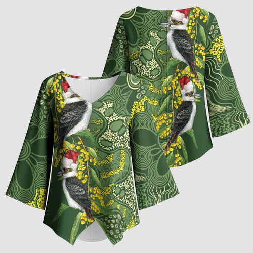 Aussie Kokaburra Golden Wattle Christmas Kimono Sleeve Blouse Aboriginal Dots Painting Green Motif - Aussie Hoodie