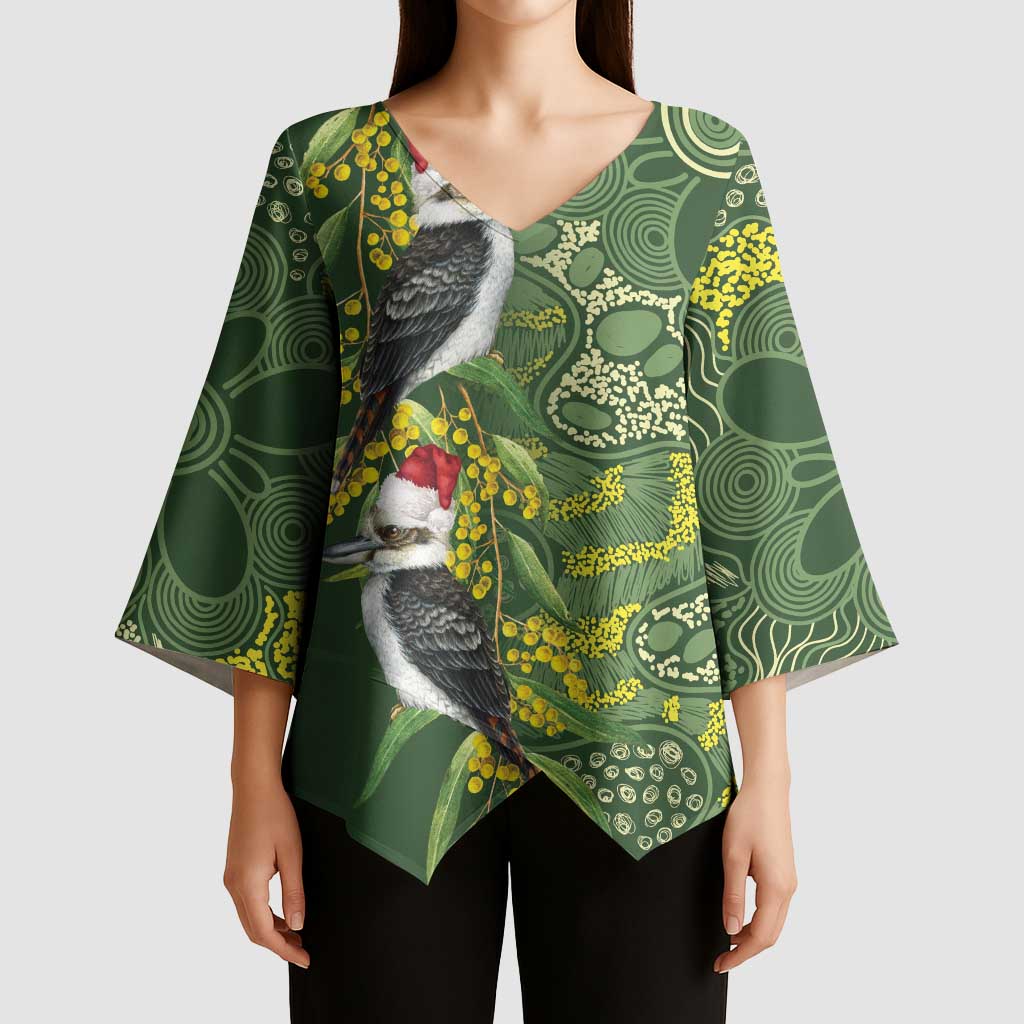 Aussie Kokaburra Golden Wattle Christmas Kimono Sleeve Blouse Aboriginal Dots Painting Green Motif - Aussie Hoodie