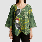 Aussie Kokaburra Golden Wattle Christmas Kimono Sleeve Blouse Aboriginal Dots Painting Green Motif - Aussie Hoodie