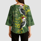 Aussie Kokaburra Golden Wattle Christmas Kimono Sleeve Blouse Aboriginal Dots Painting Green Motif - Aussie Hoodie