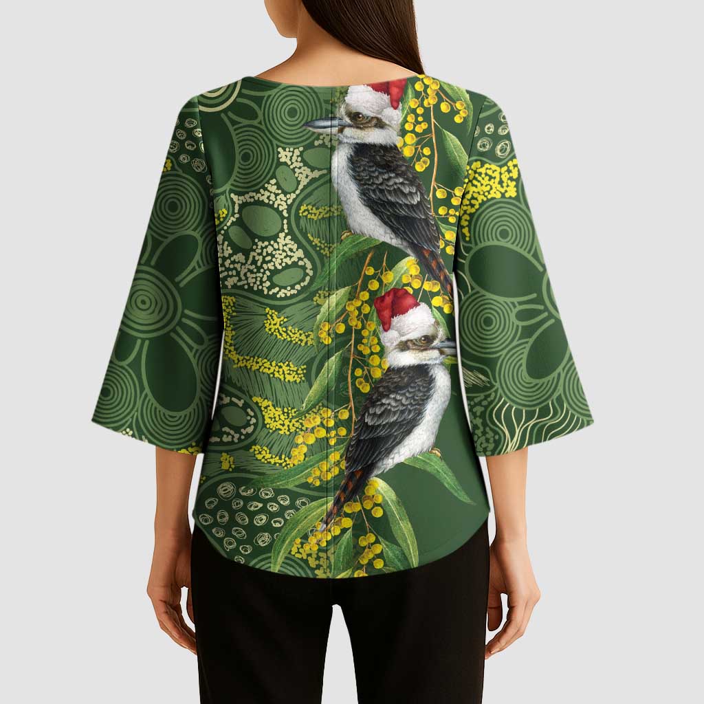 Aussie Kokaburra Golden Wattle Christmas Kimono Sleeve Blouse Aboriginal Dots Painting Green Motif - Aussie Hoodie