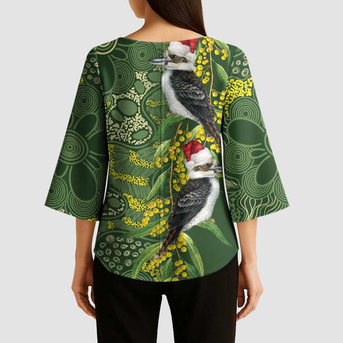 Aussie Kokaburra Golden Wattle Christmas Kimono Sleeve Blouse Aboriginal Dots Painting Green Motif - Aussie Hoodie