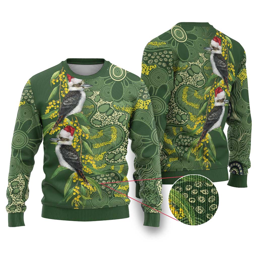 Aussie Kokaburra Golden Wattle Christmas Ugly Christmas Sweater Aboriginal Dots Painting Green Motif - Aussie Hoodie