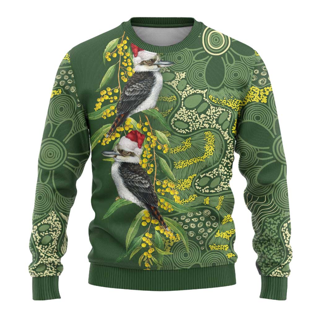 Aussie Kokaburra Golden Wattle Christmas Ugly Christmas Sweater Aboriginal Dots Painting Green Motif - Aussie Hoodie