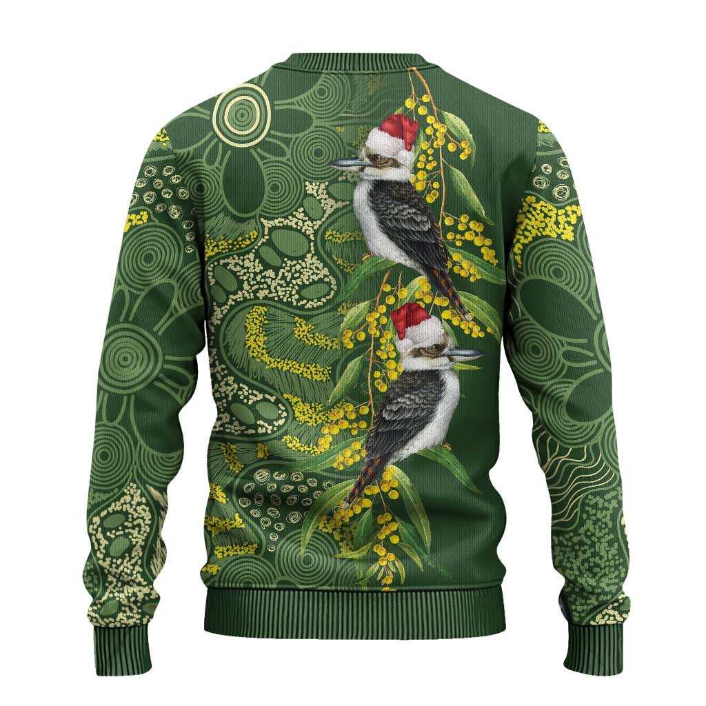 Aussie Kokaburra Golden Wattle Christmas Ugly Christmas Sweater Aboriginal Dots Painting Green Motif - Aussie Hoodie