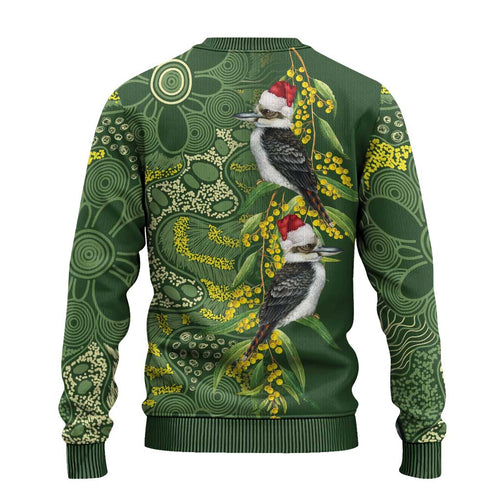 Aussie Kokaburra Golden Wattle Christmas Ugly Christmas Sweater Aboriginal Dots Painting Green Motif - Aussie Hoodie