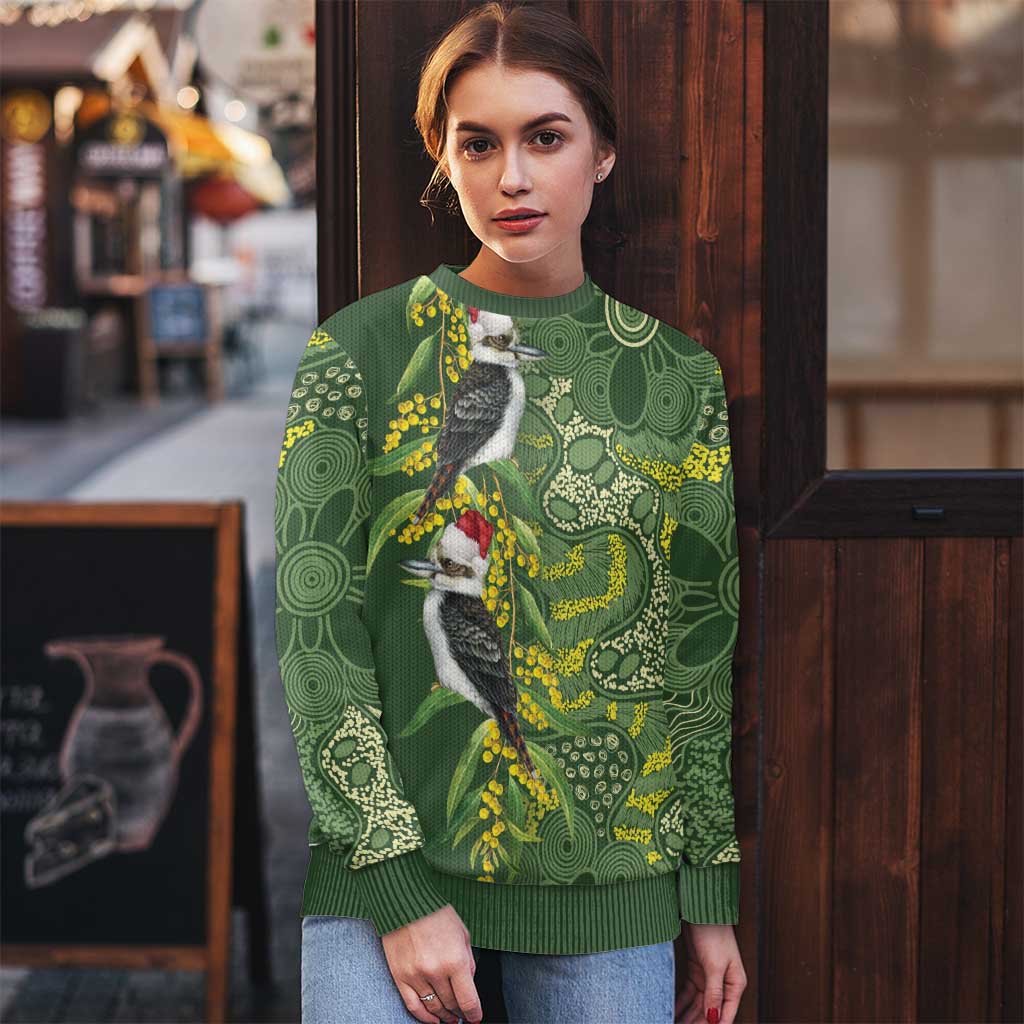 Aussie Kokaburra Golden Wattle Christmas Ugly Christmas Sweater Aboriginal Dots Painting Green Motif - Aussie Hoodie