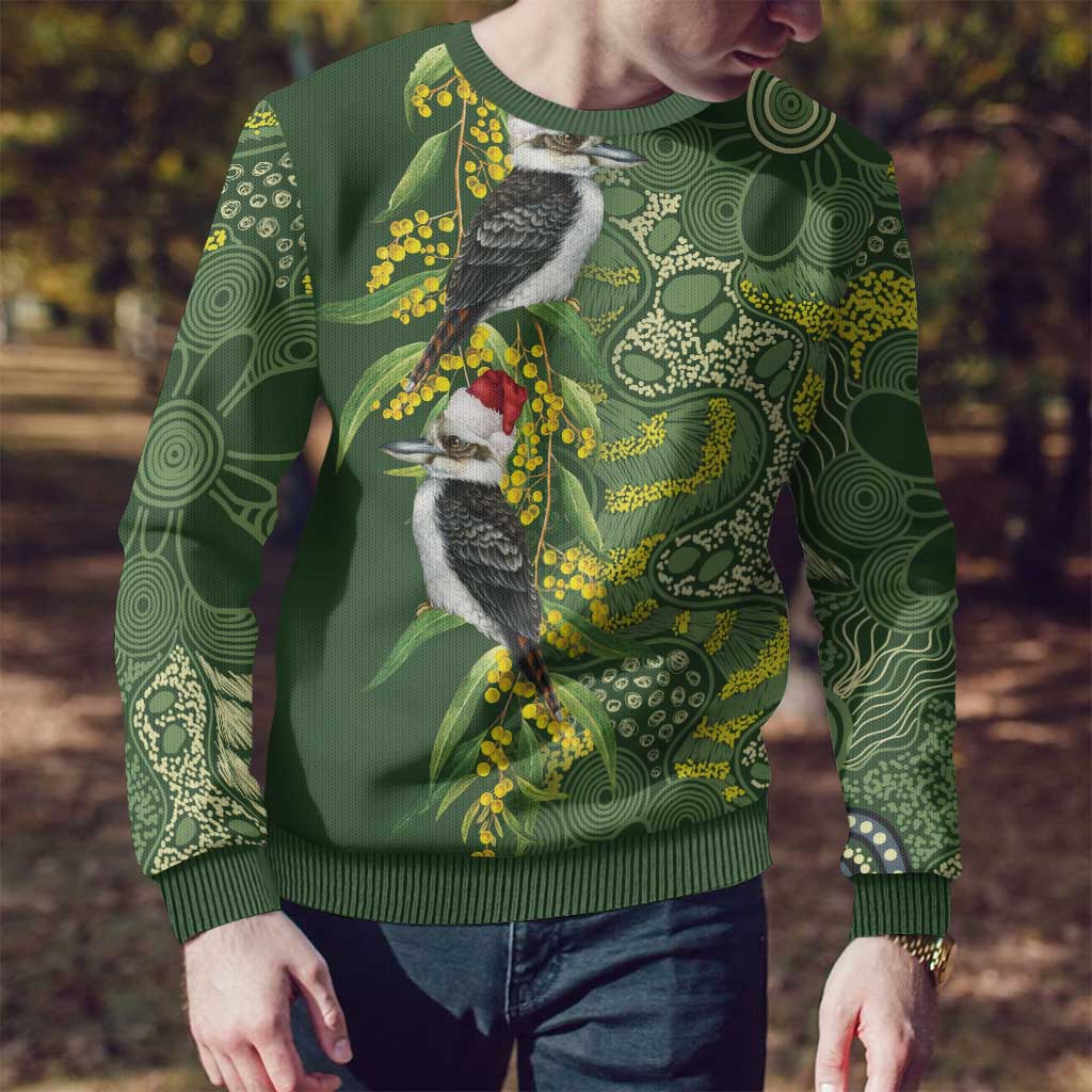 Aussie Kokaburra Golden Wattle Christmas Ugly Christmas Sweater Aboriginal Dots Painting Green Motif - Aussie Hoodie