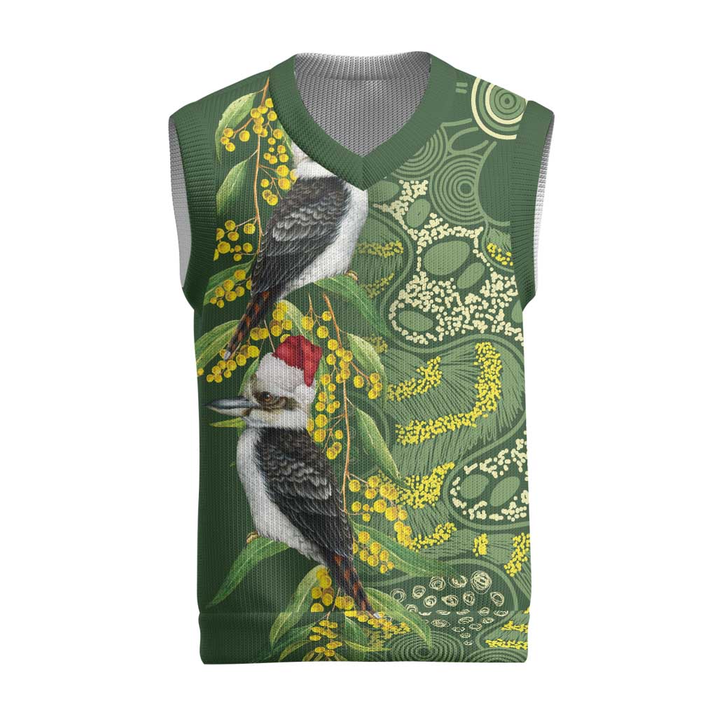 Aussie Kokaburra Golden Wattle Christmas Knitted V-Neck Vest Aboriginal Dots Painting Green Motif - Aussie Hoodie