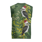 Aussie Kokaburra Golden Wattle Christmas Knitted V-Neck Vest Aboriginal Dots Painting Green Motif - Aussie Hoodie