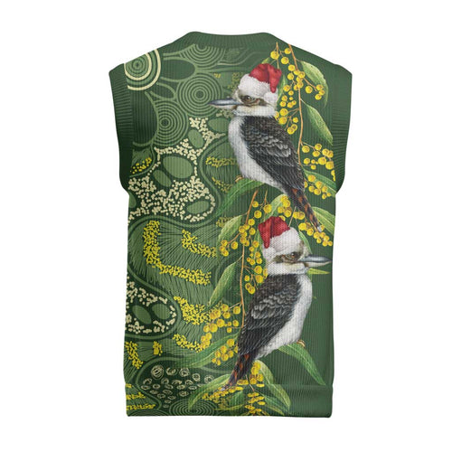 Aussie Kokaburra Golden Wattle Christmas Knitted V-Neck Vest Aboriginal Dots Painting Green Motif - Aussie Hoodie