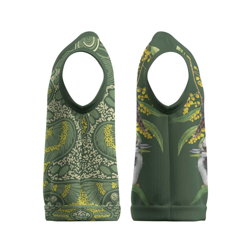 Aussie Kokaburra Golden Wattle Christmas Knitted V-Neck Vest Aboriginal Dots Painting Green Motif - Aussie Hoodie