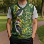 Aussie Kokaburra Golden Wattle Christmas Knitted V-Neck Vest Aboriginal Dots Painting Green Motif - Aussie Hoodie
