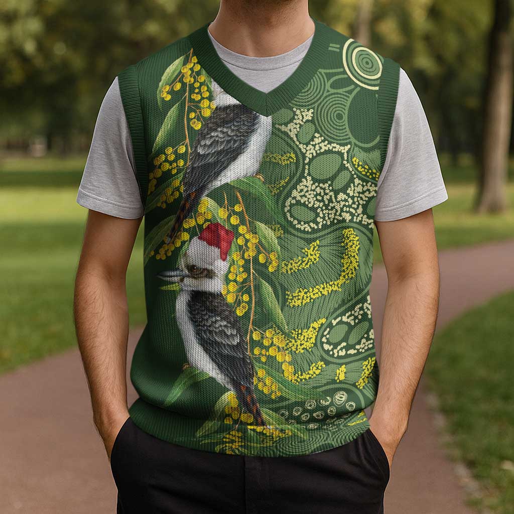 Aussie Kokaburra Golden Wattle Christmas Knitted V-Neck Vest Aboriginal Dots Painting Green Motif - Aussie Hoodie