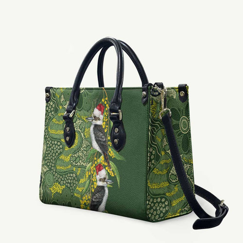 Aussie Kokaburra Golden Wattle Christmas Leather Bag Aboriginal Dots Painting Green Motif - Aussie Hoodie