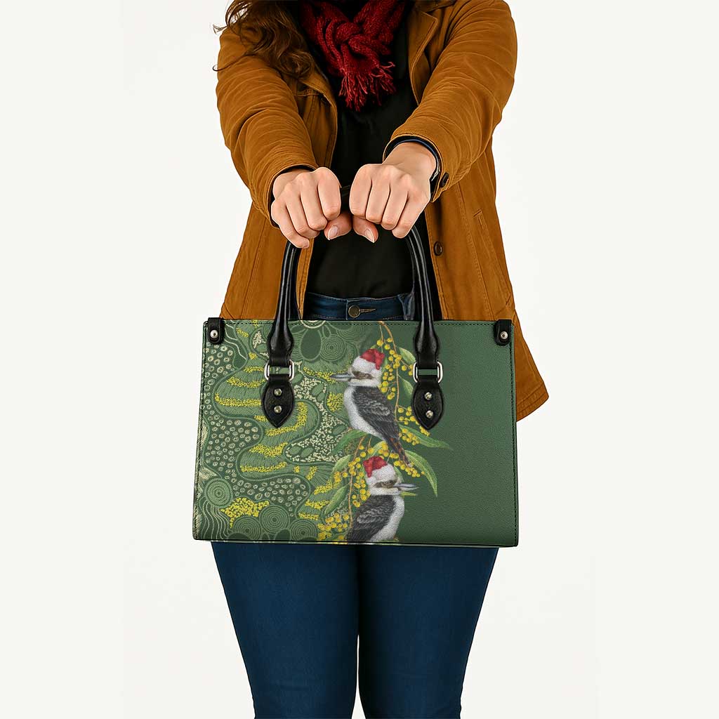 Aussie Kokaburra Golden Wattle Christmas Leather Bag Aboriginal Dots Painting Green Motif - Aussie Hoodie