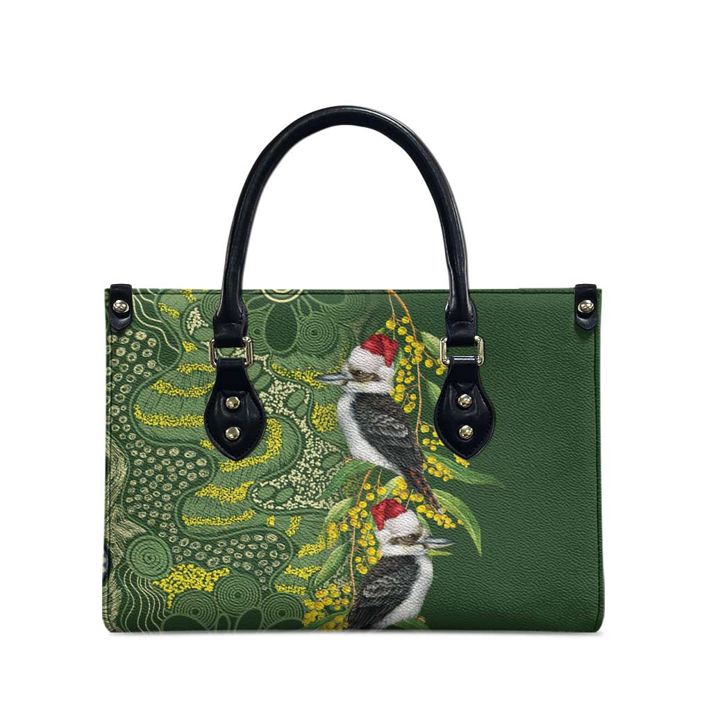 Aussie Kokaburra Golden Wattle Christmas Leather Bag Aboriginal Dots Painting Green Motif - Aussie Hoodie