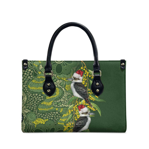 Aussie Kokaburra Golden Wattle Christmas Leather Bag Aboriginal Dots Painting Green Motif - Aussie Hoodie