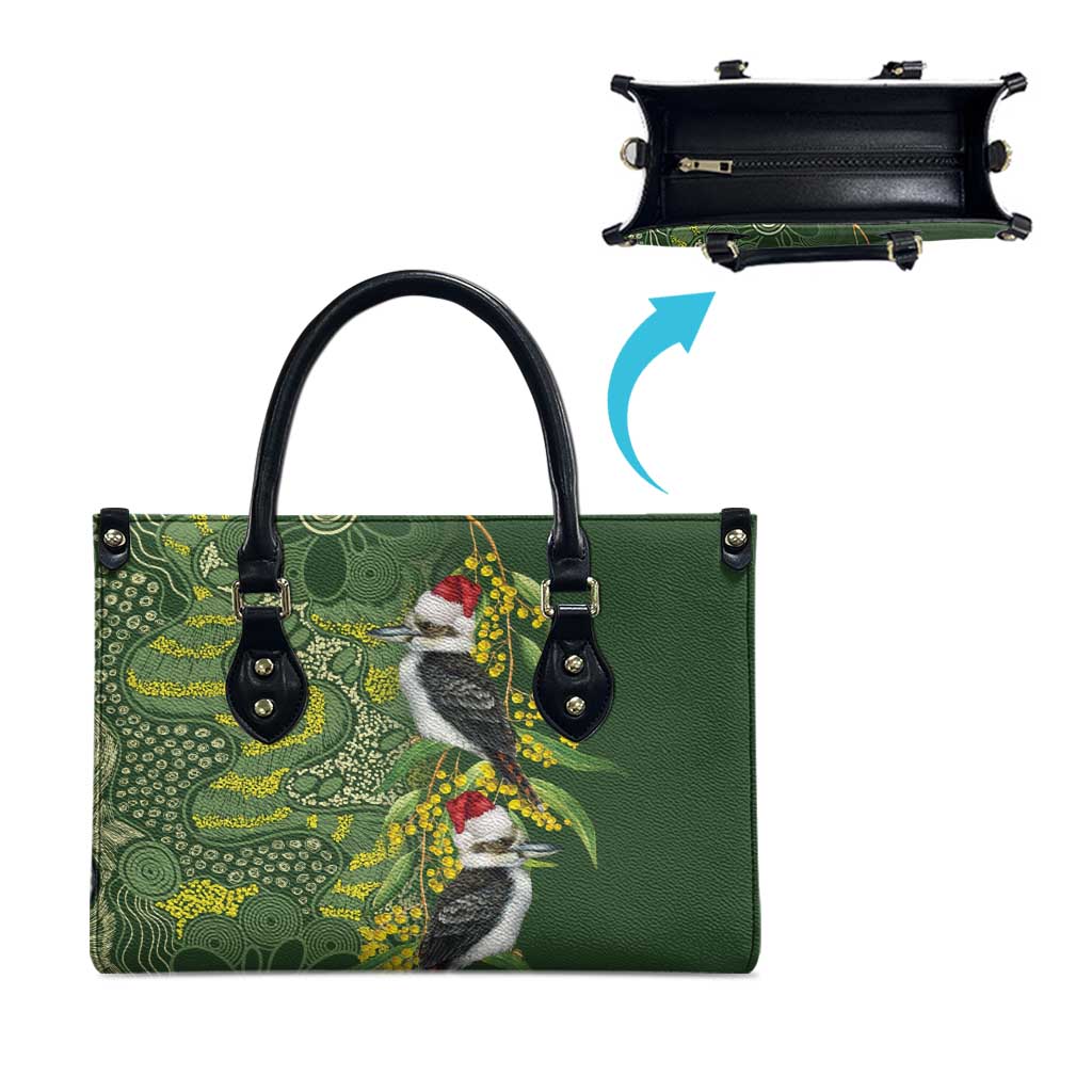 Aussie Kokaburra Golden Wattle Christmas Leather Bag Aboriginal Dots Painting Green Motif - Aussie Hoodie