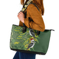 Aussie Kokaburra Golden Wattle Christmas Leather Tote Bag Aboriginal Dots Painting Green Motif - Aussie Hoodie
