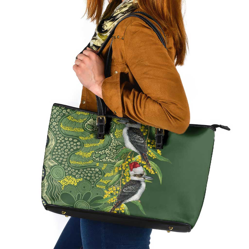 Aussie Kokaburra Golden Wattle Christmas Leather Tote Bag Aboriginal Dots Painting Green Motif - Aussie Hoodie