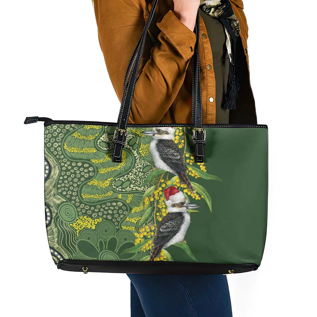 Aussie Kokaburra Golden Wattle Christmas Leather Tote Bag Aboriginal Dots Painting Green Motif - Aussie Hoodie