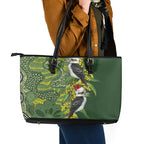 Aussie Kokaburra Golden Wattle Christmas Leather Tote Bag Aboriginal Dots Painting Green Motif - Aussie Hoodie