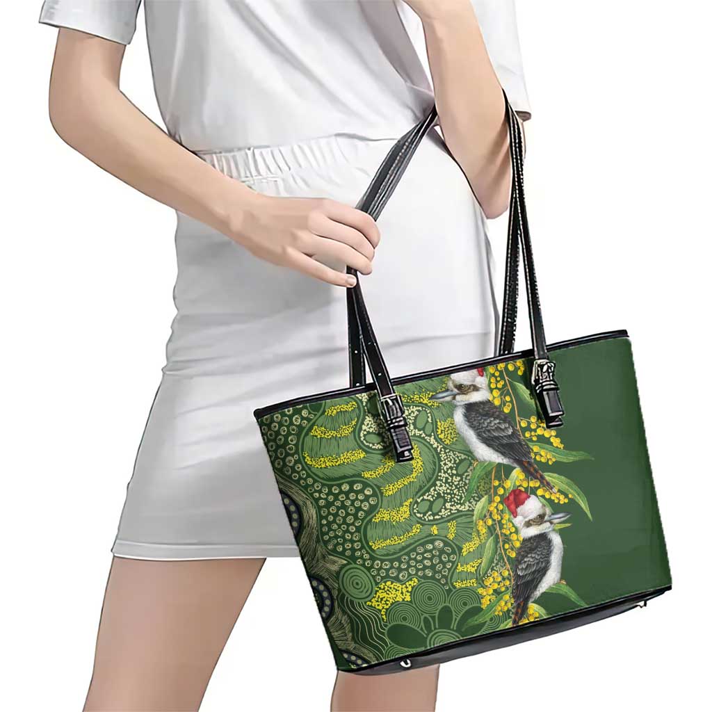 Aussie Kokaburra Golden Wattle Christmas Leather Tote Bag Aboriginal Dots Painting Green Motif - Aussie Hoodie