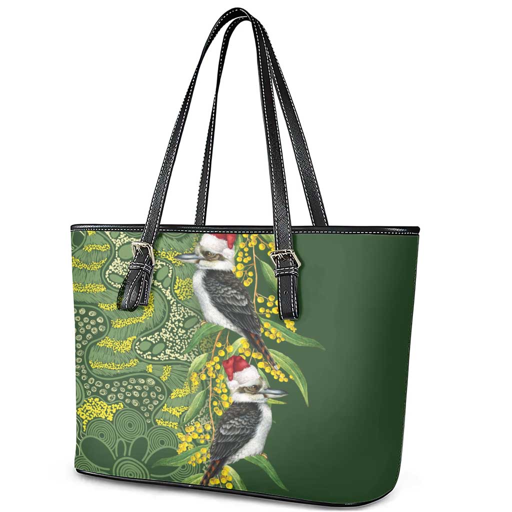 Aussie Kokaburra Golden Wattle Christmas Leather Tote Bag Aboriginal Dots Painting Green Motif - Aussie Hoodie
