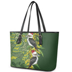 Aussie Kokaburra Golden Wattle Christmas Leather Tote Bag Aboriginal Dots Painting Green Motif - Aussie Hoodie