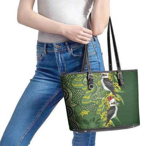 Aussie Kokaburra Golden Wattle Christmas Leather Tote Bag Aboriginal Dots Painting Green Motif - Aussie Hoodie