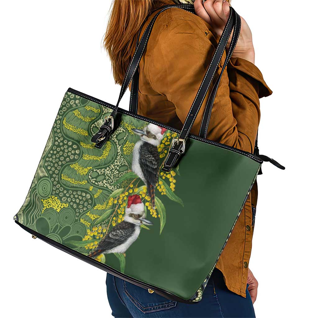Aussie Kokaburra Golden Wattle Christmas Leather Tote Bag Aboriginal Dots Painting Green Motif - Aussie Hoodie