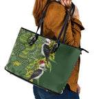 Aussie Kokaburra Golden Wattle Christmas Leather Tote Bag Aboriginal Dots Painting Green Motif - Aussie Hoodie