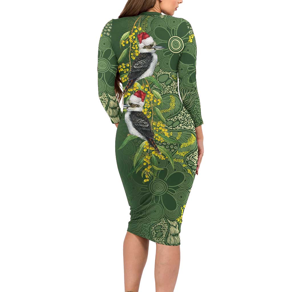 Aussie Kokaburra Golden Wattle Christmas Long Sleeve Bodycon Dress Aboriginal Dots Painting Green Motif - Aussie Hoodie