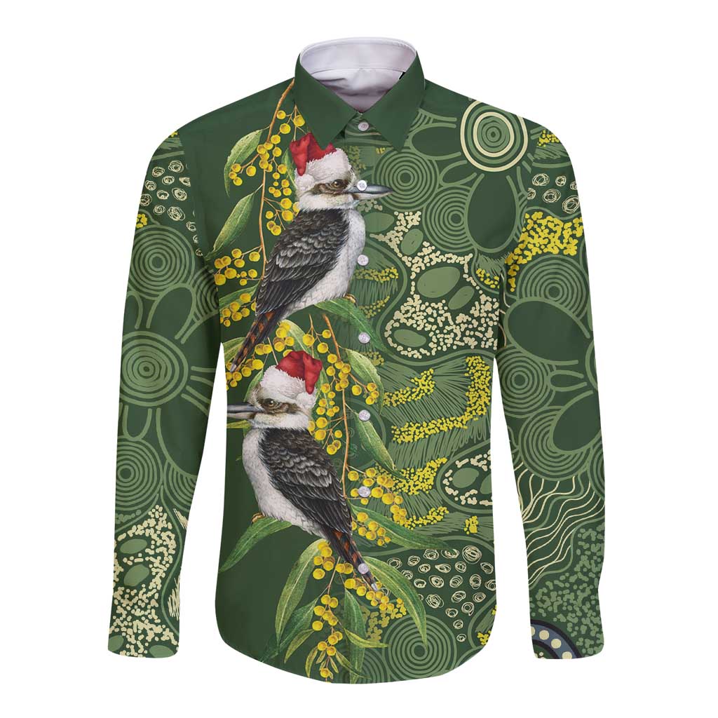 Aussie Kokaburra Golden Wattle Christmas Long Sleeve Button Shirt Aboriginal Dots Painting Green Motif - Aussie Hoodie