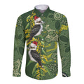 Aussie Kokaburra Golden Wattle Christmas Long Sleeve Button Shirt Aboriginal Dots Painting Green Motif - Aussie Hoodie