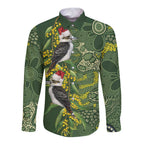 Aussie Kokaburra Golden Wattle Christmas Long Sleeve Button Shirt Aboriginal Dots Painting Green Motif - Aussie Hoodie