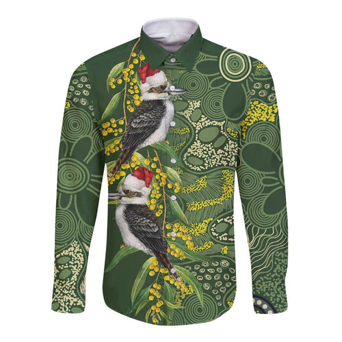 Aussie Kokaburra Golden Wattle Christmas Long Sleeve Button Shirt Aboriginal Dots Painting Green Motif - Aussie Hoodie